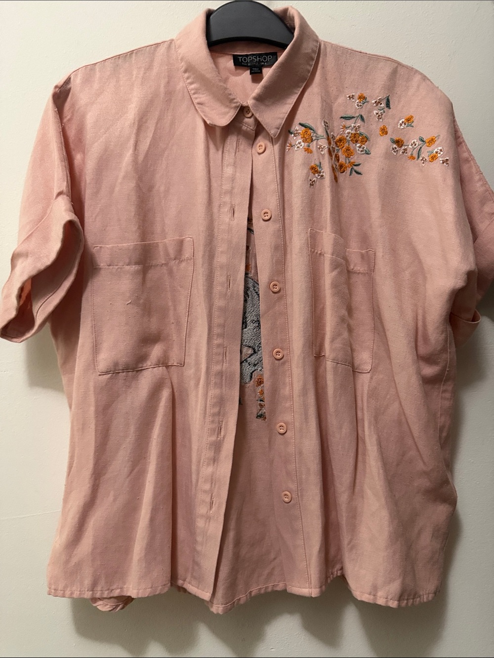 Topshop Pink Button-Down Shirt with Embroidered Black Panther - Picture 3 of 4